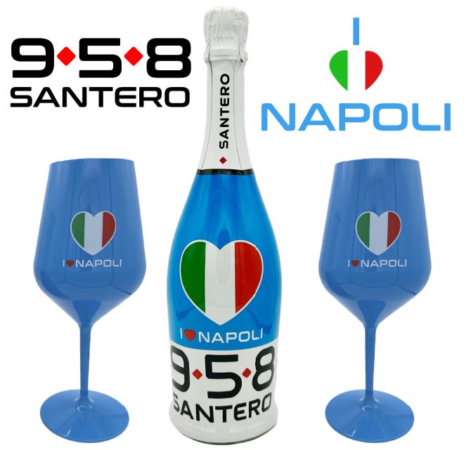 Bottiglia I Love Napoli Santero 958 + 2 Calici Per Festeggiare Lo Scudetto